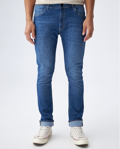 Jean para hombre fit San Diego azul medio bota ajustada con costuras bicolor