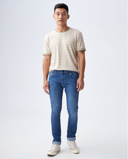 Jean para hombre fit San Diego azul medio bota ajustada con costuras bicolor