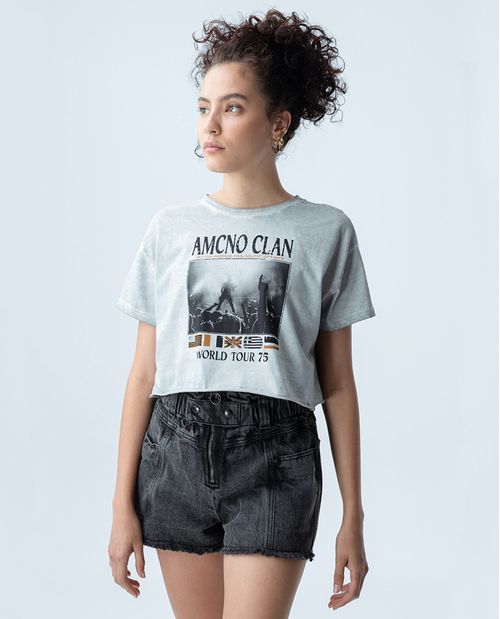 Camiseta para mujer manga corta cropped con estampado rocker