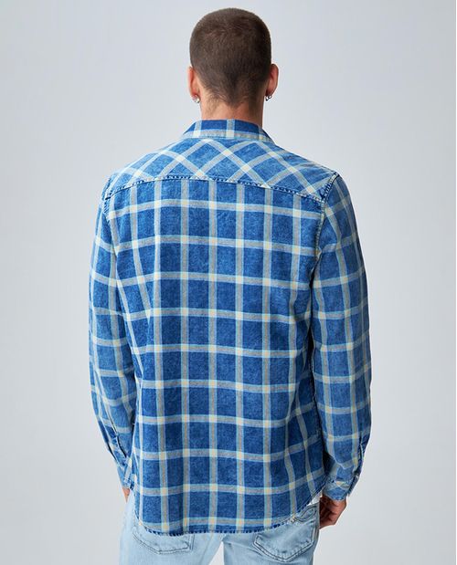 Camisa para hombre Slim manga larga con cuadros teñidos con colorante índigo