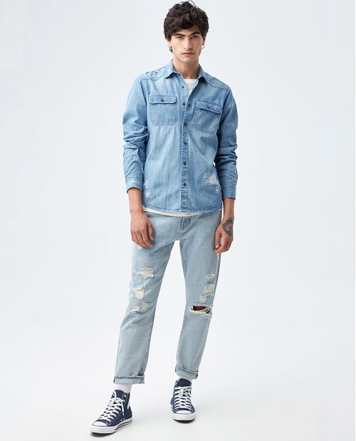 Jean para hombre fit Moda azul claro bota recta con rotos 100% algodón