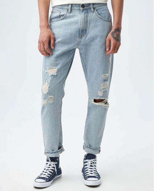 Jean para hombre fit Moda azul claro bota recta con rotos 100% algodón