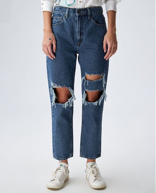 Jean para mujer fit Moda azul medio bota recta Mom 100% algodón