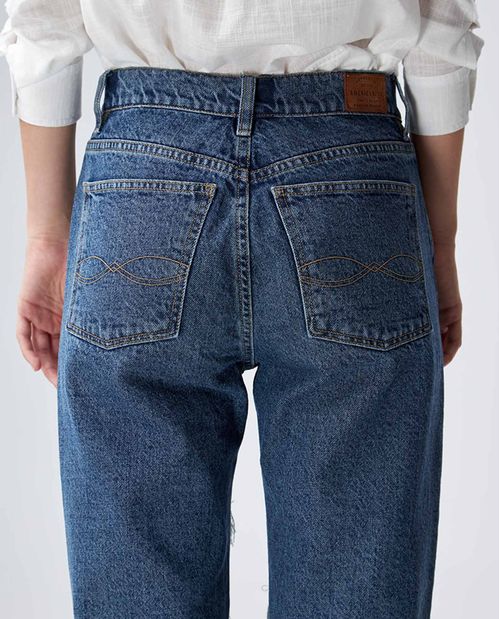 Jean para mujer fit Moda azul medio bota recta Mom 100% algodón