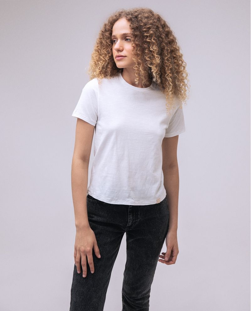 Camiseta básica mujer blanco cuello redondo bordado