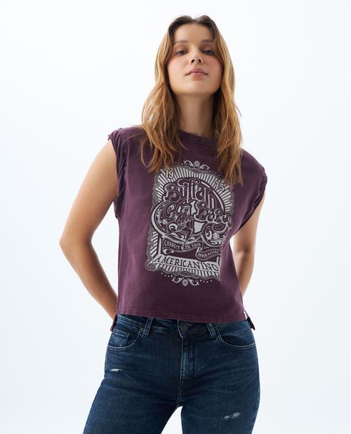 Camiseta con estampado y bordado para mujer