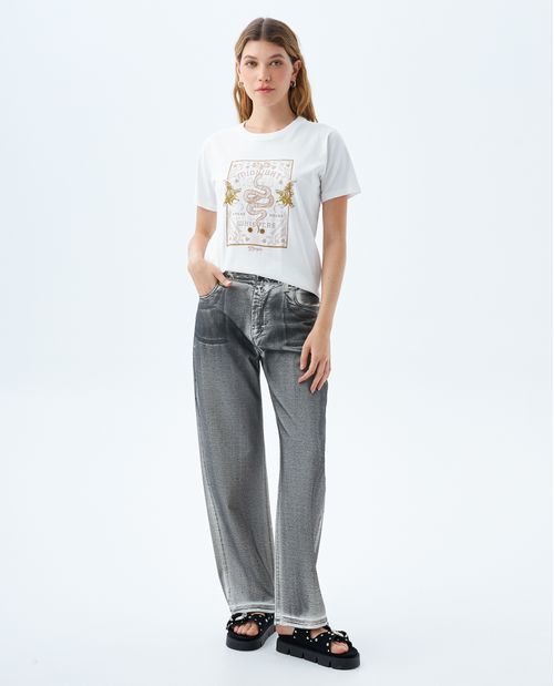 Camiseta con estampado y bordado frontal para mujer