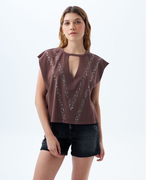Camiseta con bordado de lentejuelas para mujer