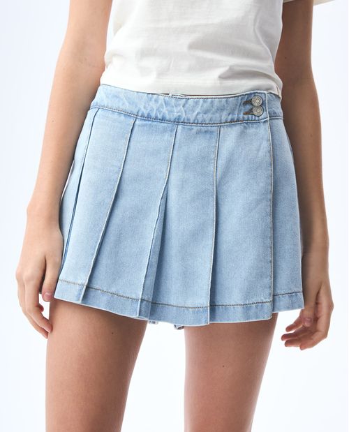 Falda short en denim de tablas para mujer