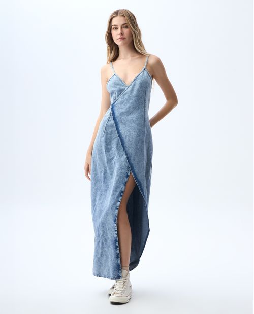 Vestido largo en denim diseño cruzado para mujer