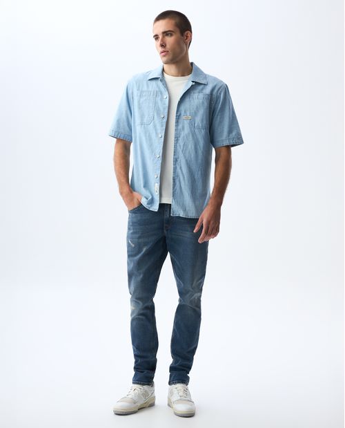 Camisa manga corta en denim claro para hombre