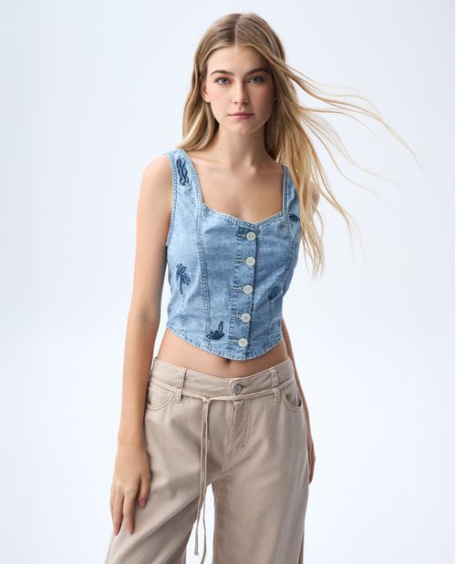 Crop top en denim bordado para mujer