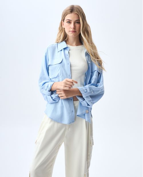 Camisa manga larga en mezcla de lino para mujer