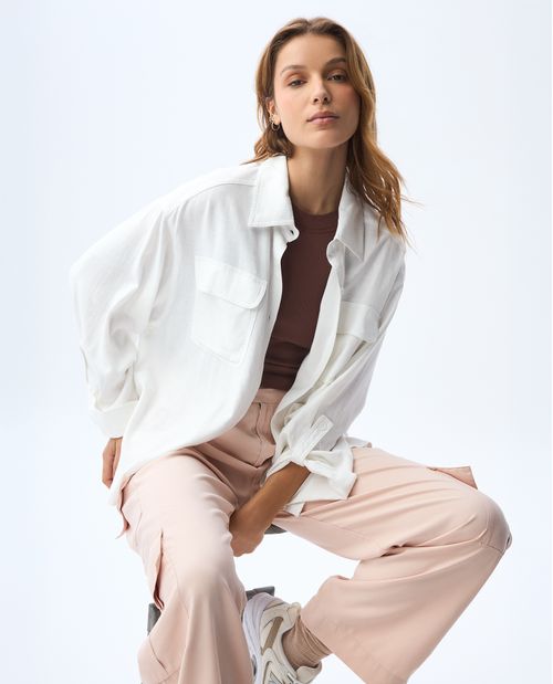 Camisa manga larga en mezcla de lino para mujer