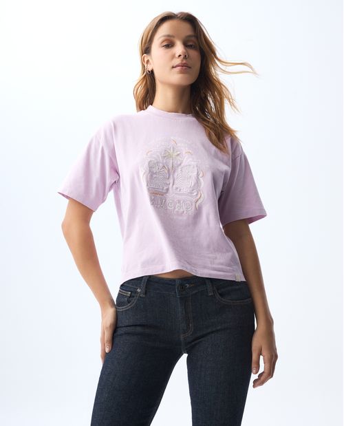 Camiseta con estampado y detalles bordados para mujer