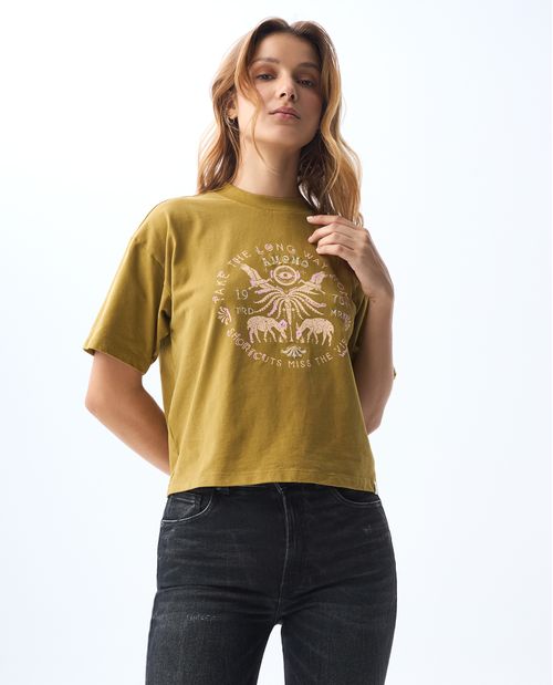 Camiseta con estampado y detalles bordados para mujer
