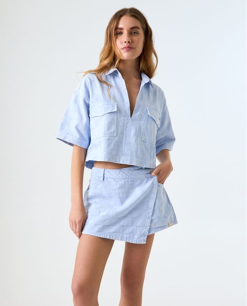 Camisa Boxy de tela texturizada a cuadros para mujer
