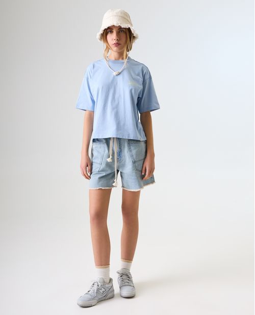 Camiseta estampada con costuras expuestas para mujer