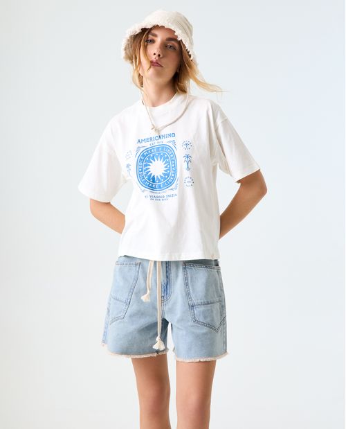 Camiseta estampada con costuras expuestas para mujer