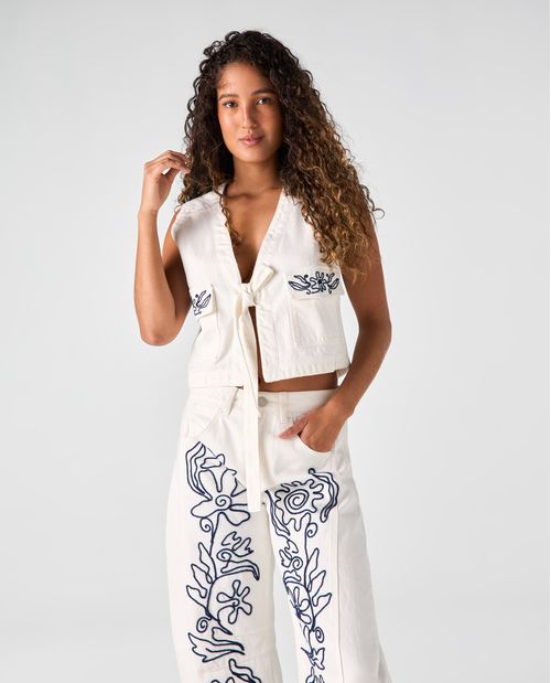 Chaleco en denim con tira para anudar para mujer