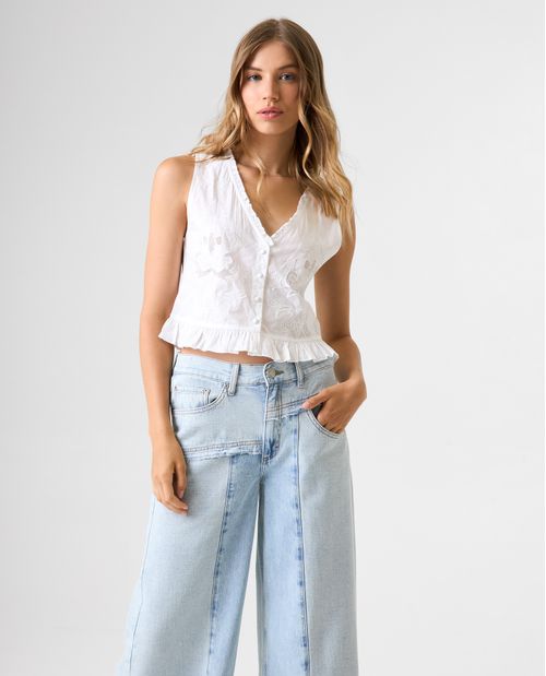 Camisa manga sisa con detalles bordados para mujer