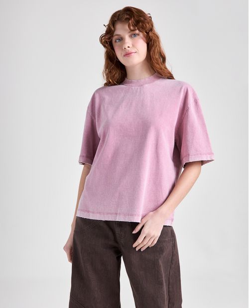 Camiseta efecto manga corta cuello redondo para mujer