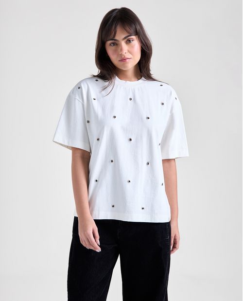 Camiseta perforada manga corta cuello redondo para mujer