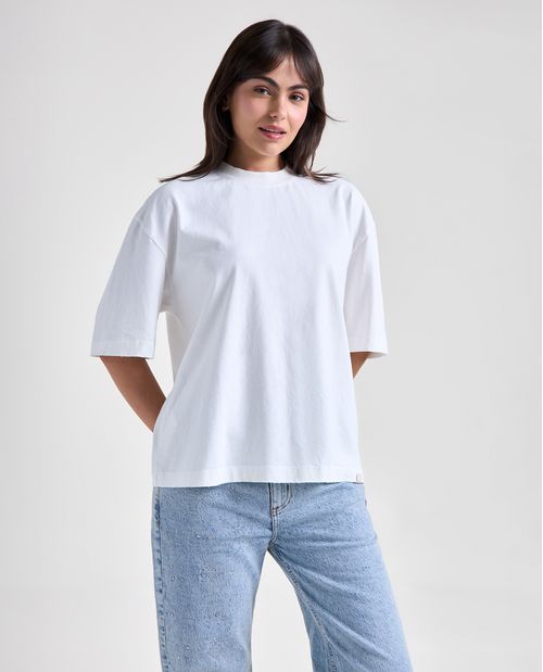 Camiseta efecto manga corta cuello redondo para mujer