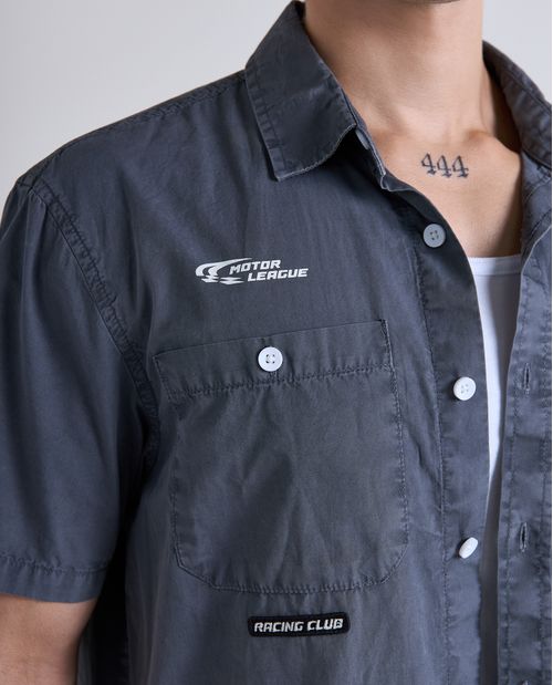 Camisa bordado manga larga cuello camisero para hombre