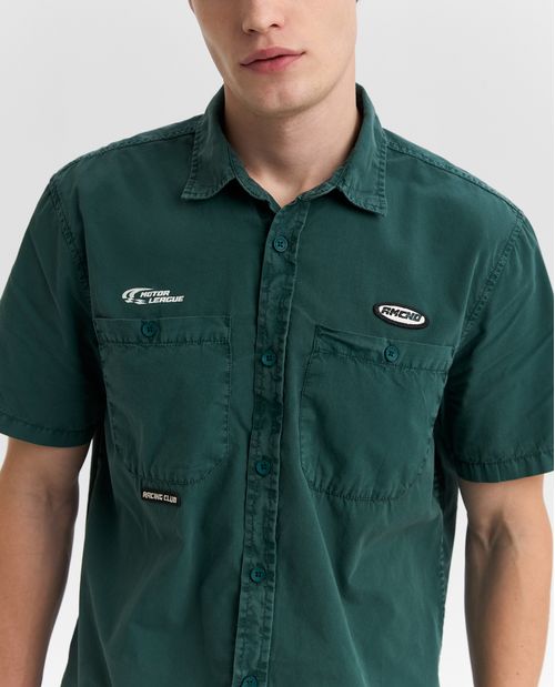 Camisa bordado manga larga cuello camisero para hombre