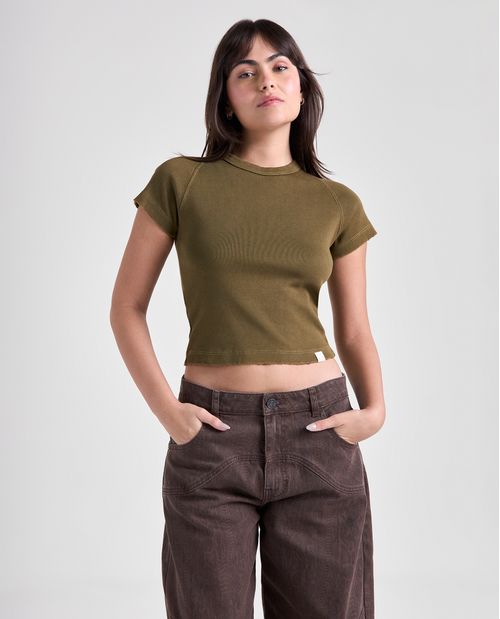 Camiseta efecto manga corta cuello redondo para mujer