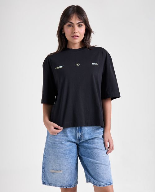 Camiseta estampado localizado manga corta cuello redondo para mujer