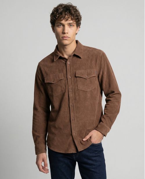 Camisa textura acanalada manga larga cuello camisero para hombre